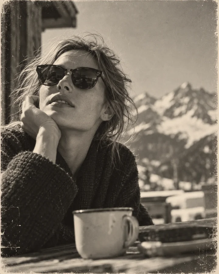 Frau mit Sonnenbrille auf einer Terrasse vor Alpenpanorama