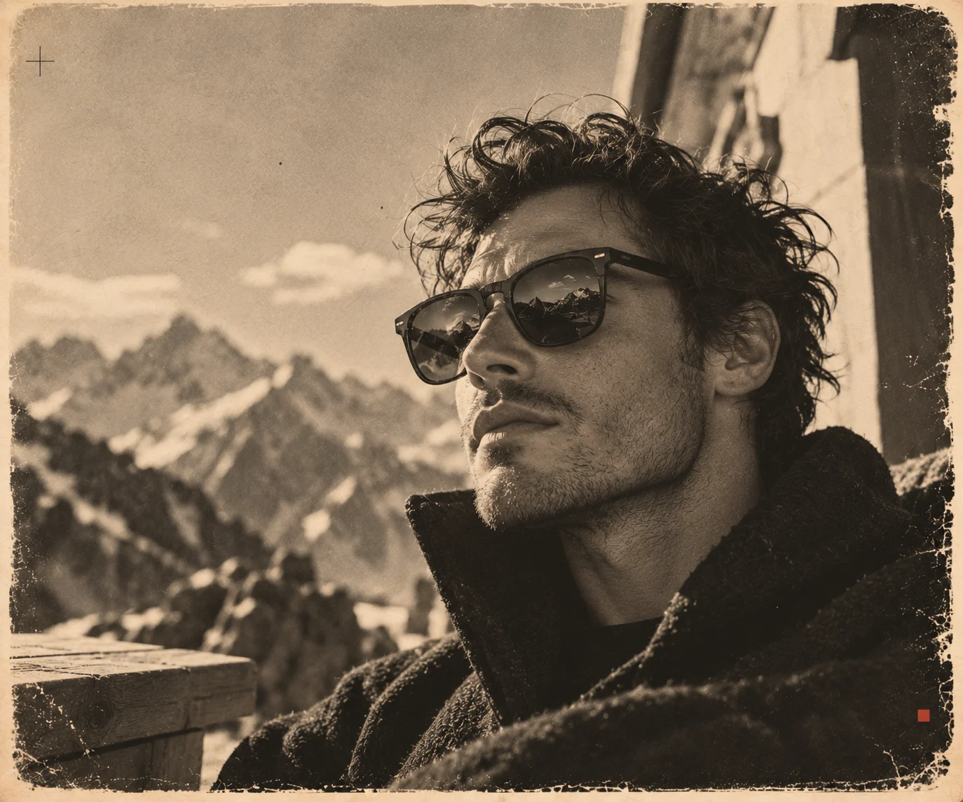 Mann mit Sonnenbrille, in deren Gläsern sich die Berge spiegeln