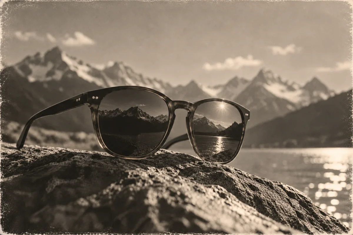 Sonnenbrille auf einem Fels, deren Gläser Berge und Wasser spiegeln